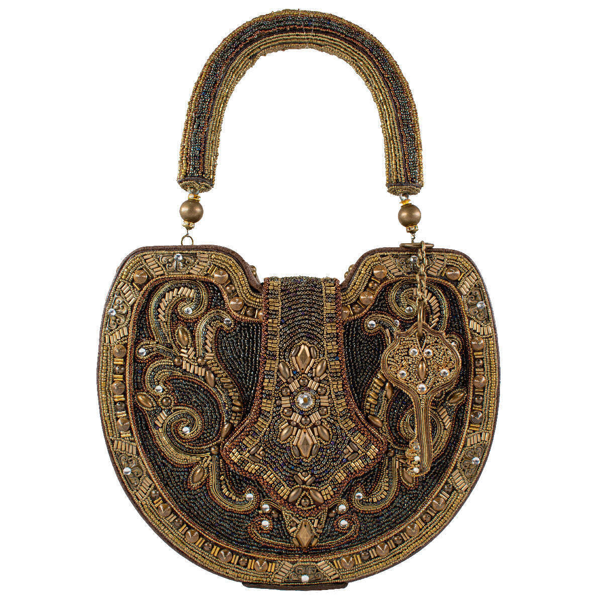 Mary Frances Lock It Up Beaded Handle Bag Leather Handbag Brown Gold Purse New